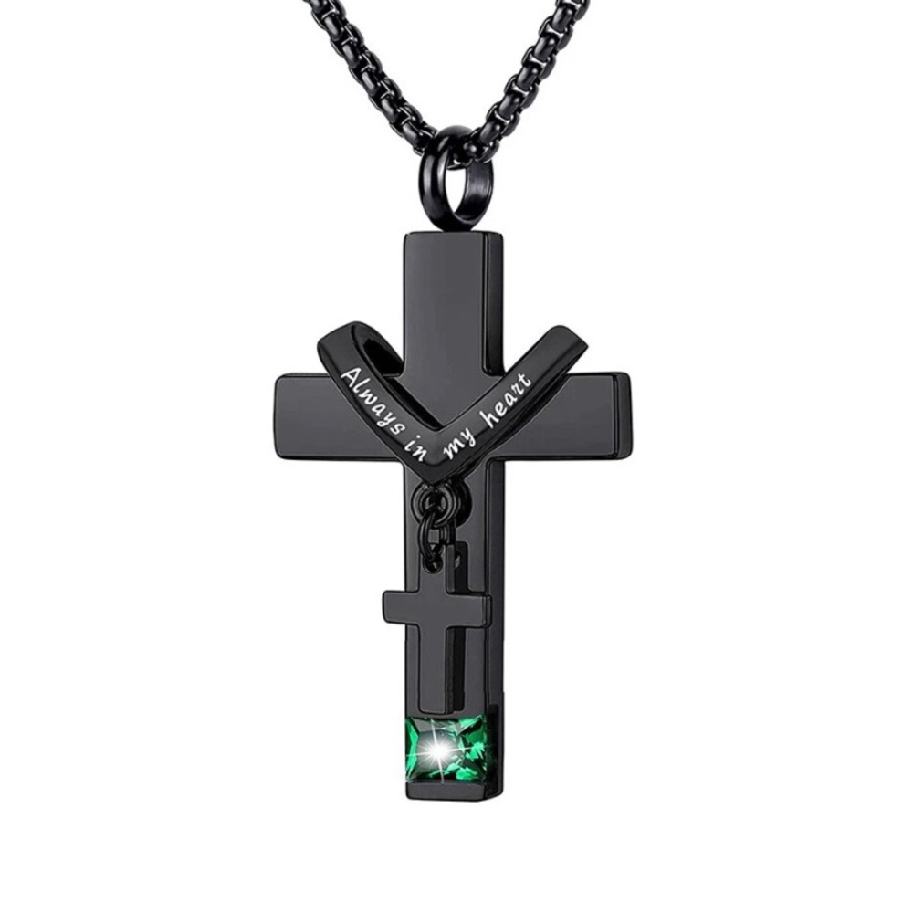 Black Cremation Urn Pendant Necklace with Green Gemstone